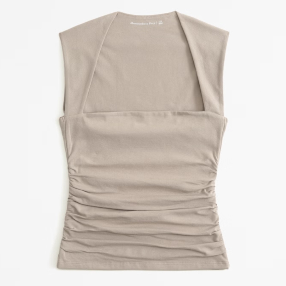 NWT Abercrombie The A&F Ava Top Brown Square Neckline Ruched Beige Shirt XL